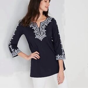 J.Jill Navy Split-Neckline Embroidered Tunic Boho Coastal Beachy Vacation Sz PS